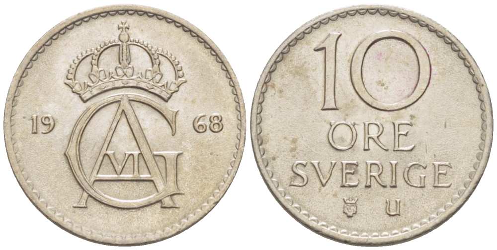 Швеция 10 эре 1968 U, Густав VI Адольф (1950-1973) KM 835 медно-никель 4516-441