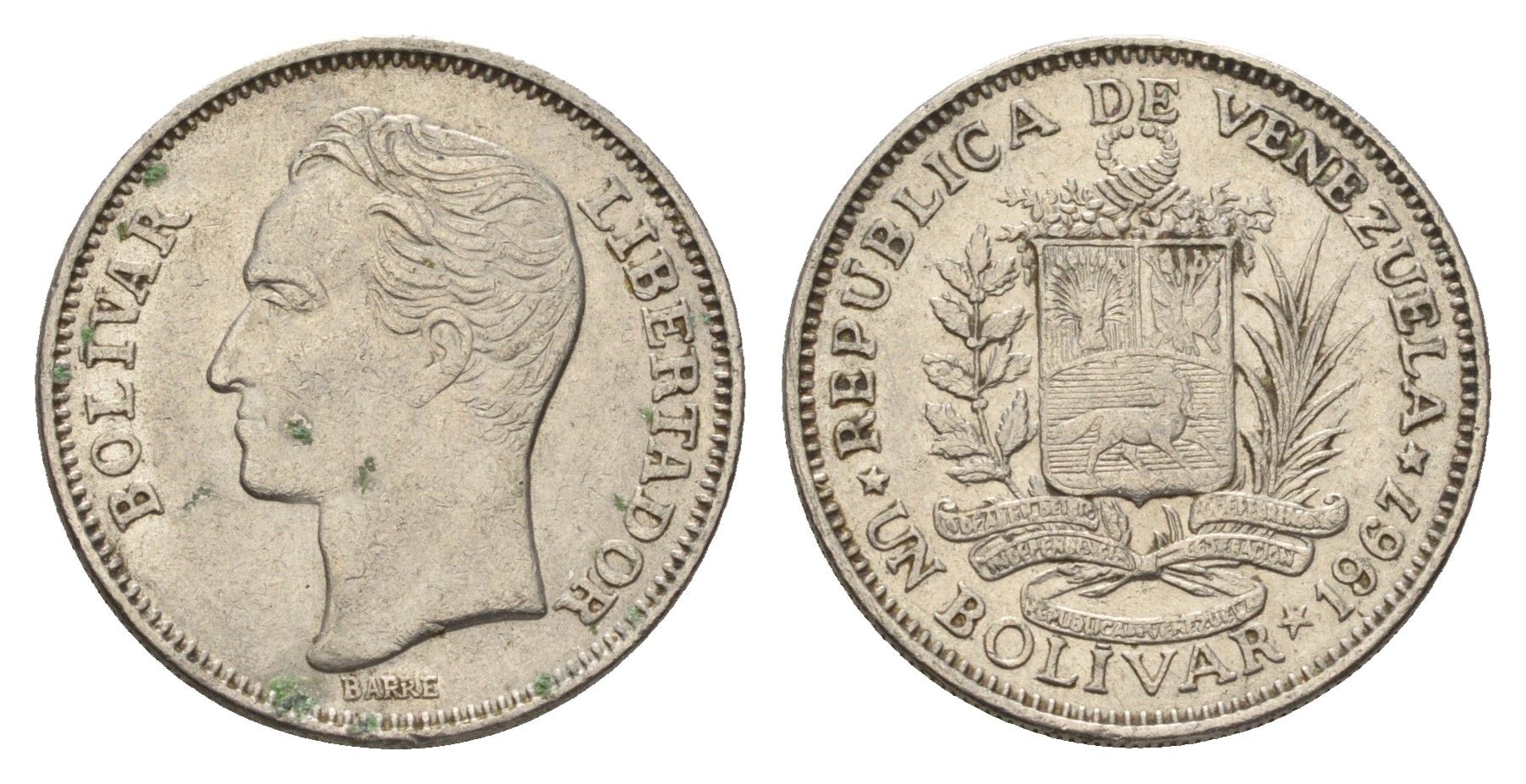 Венесуэла 1 боливар 1967 Симон Боливар, год-тип Y 42 никель 4132-826