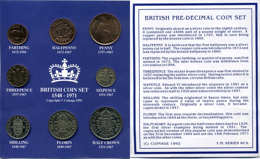 Великобритания набор из 8 монет 1942-1967 Британская монетная система, монеты из обращения, буклет 00-00