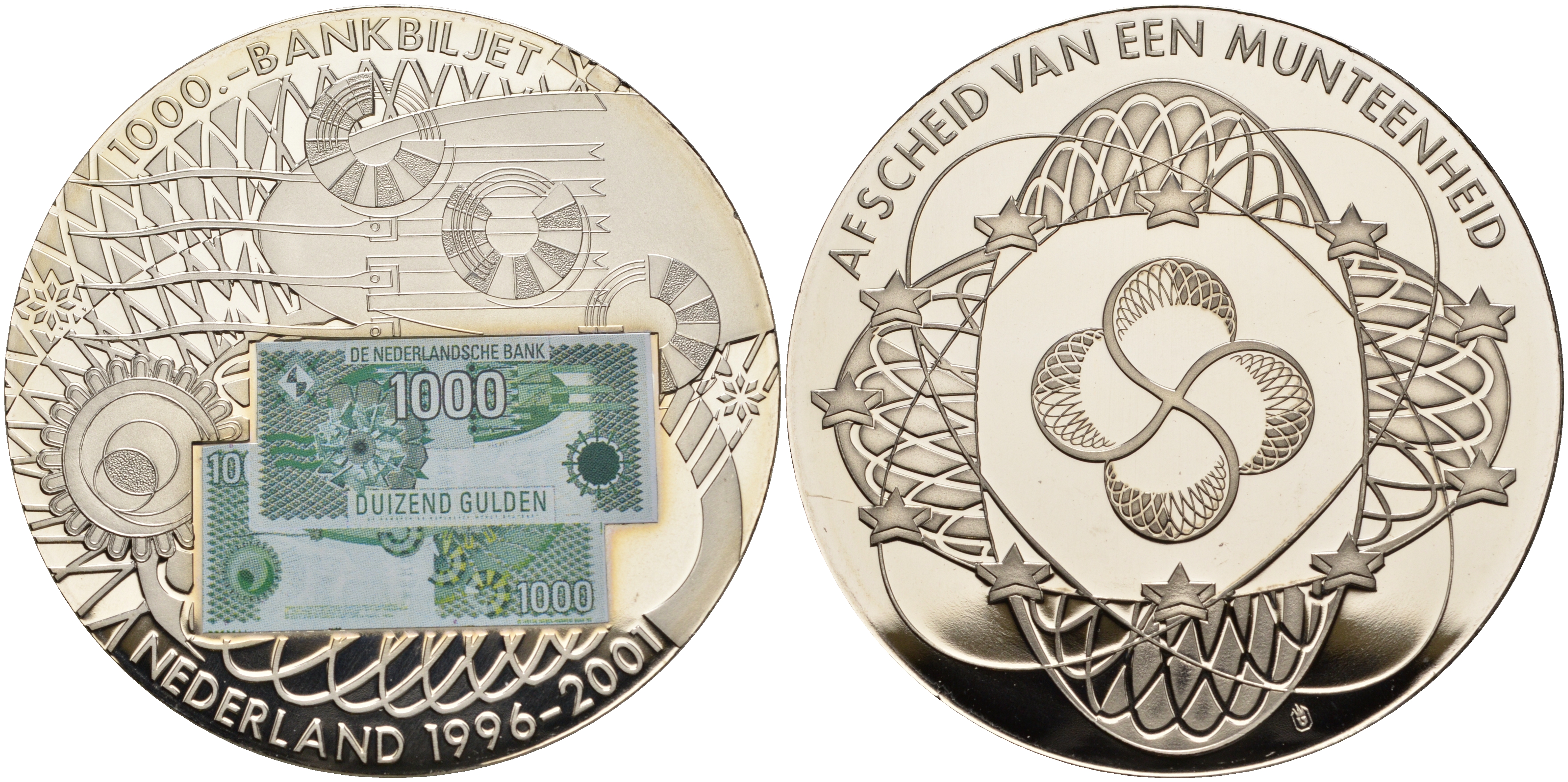 Нидерланды медаль 2001 банкнота 1000 гульденов, Эмиссия (1996-2001), цветная эмаль, серебрение, сертификат медно-никель PROOF 5-6-2-52