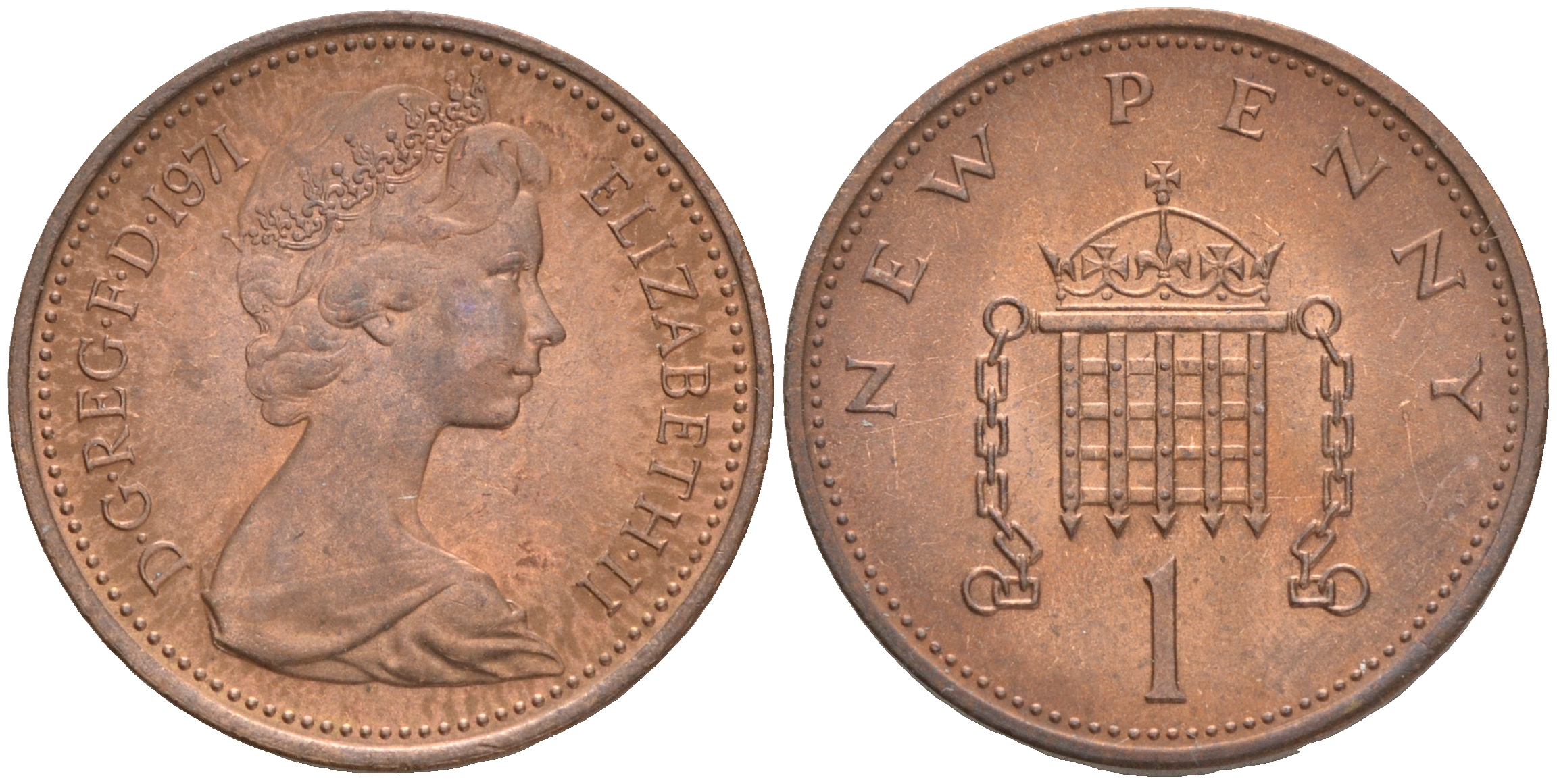 Великобритания 1 пенни 1971 Елизавета II (1952-2022) KM 915, Spink 4237 (B1) бронза 4561-543