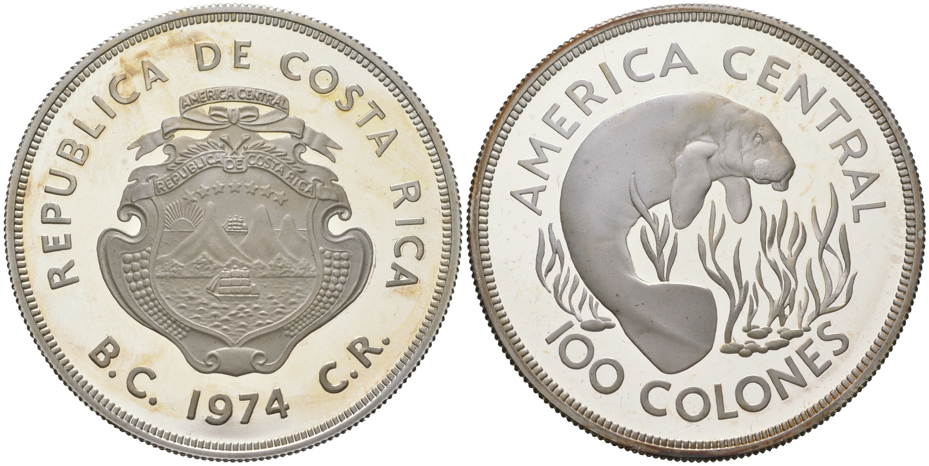 Коста-Рика 100 колонов 1974 Охрана природы KM 201a серебро PROOF 11-321-15