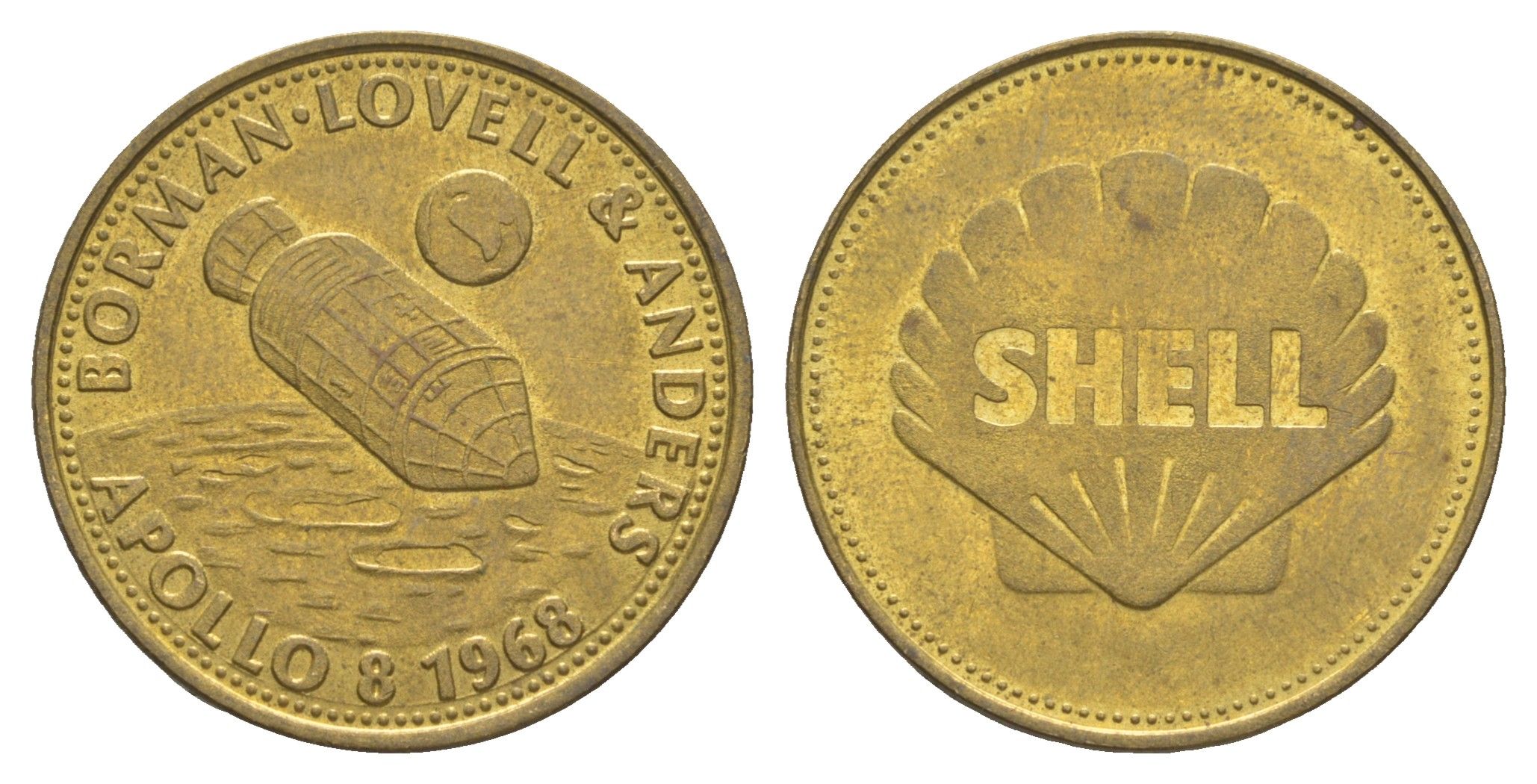 Франция жетон Shell - Человек в полете - Борман, Ловелл и Андерс, Аполлон-8 1968 диаметр 26 мм, вес 5 гр Kooij RS011.19c сталь плакированная латунью 4637-422