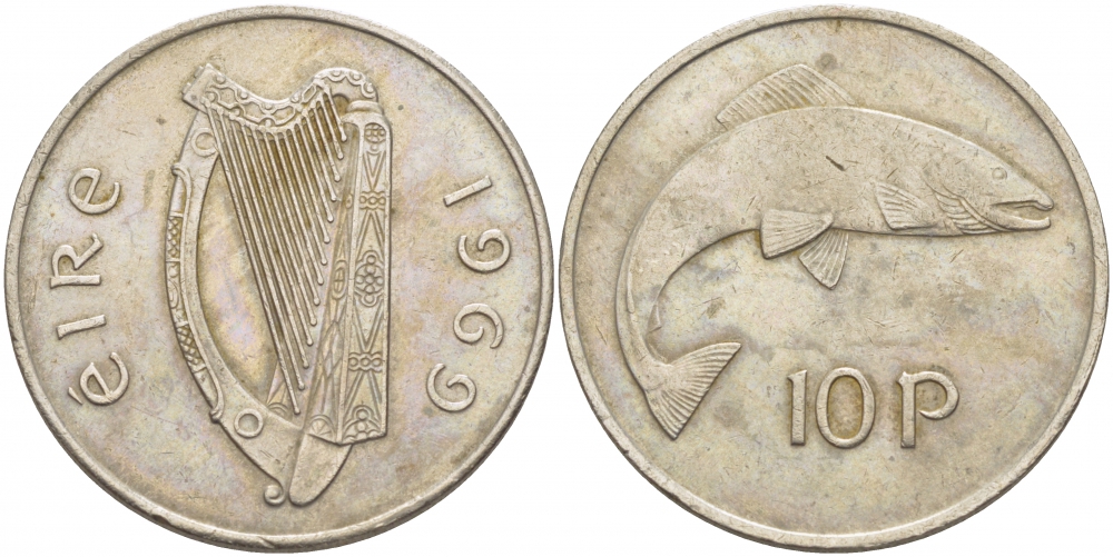 ИРЛАНДИЯ 10 ПЕНСОВ 1969 ЛОСОСЬ KM 23 медно-никель 3457-313