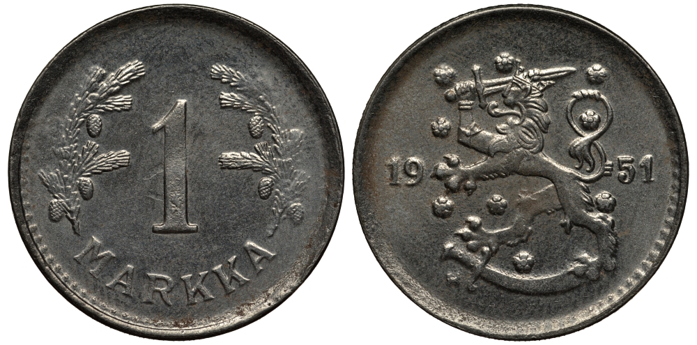 ФИНЛЯНДИЯ 1 МАРКА 1951 H KM 30b железо 4388-944