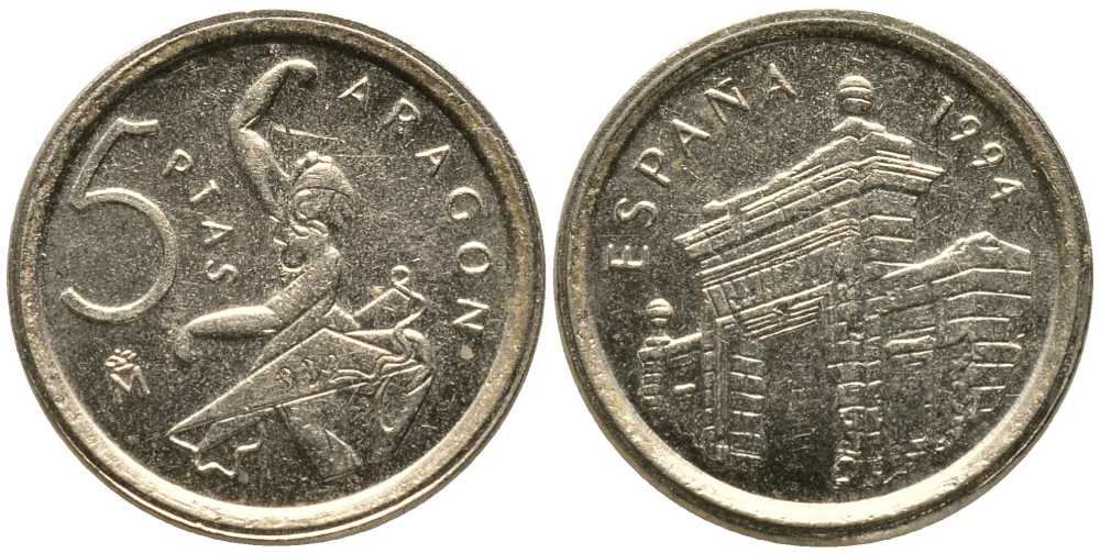 ИСПАНИЯ 5 ПЕСЕТ 1994 АРАГОН (ARAGON), БАЛЕРИНА, ХУАН КАРЛОС I (1975-) KM 931 никель латунь 105-1135