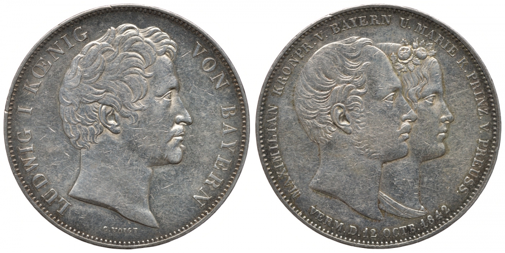 Бавария 2 талера 1842 Людвиг I, свадебный, свадьба Баварского Кронпринца Максимилиана и Марии Прусской AKS 104 b, Dav. 588, Kahnt 108 b, Thun 81 серебро 00-806-67