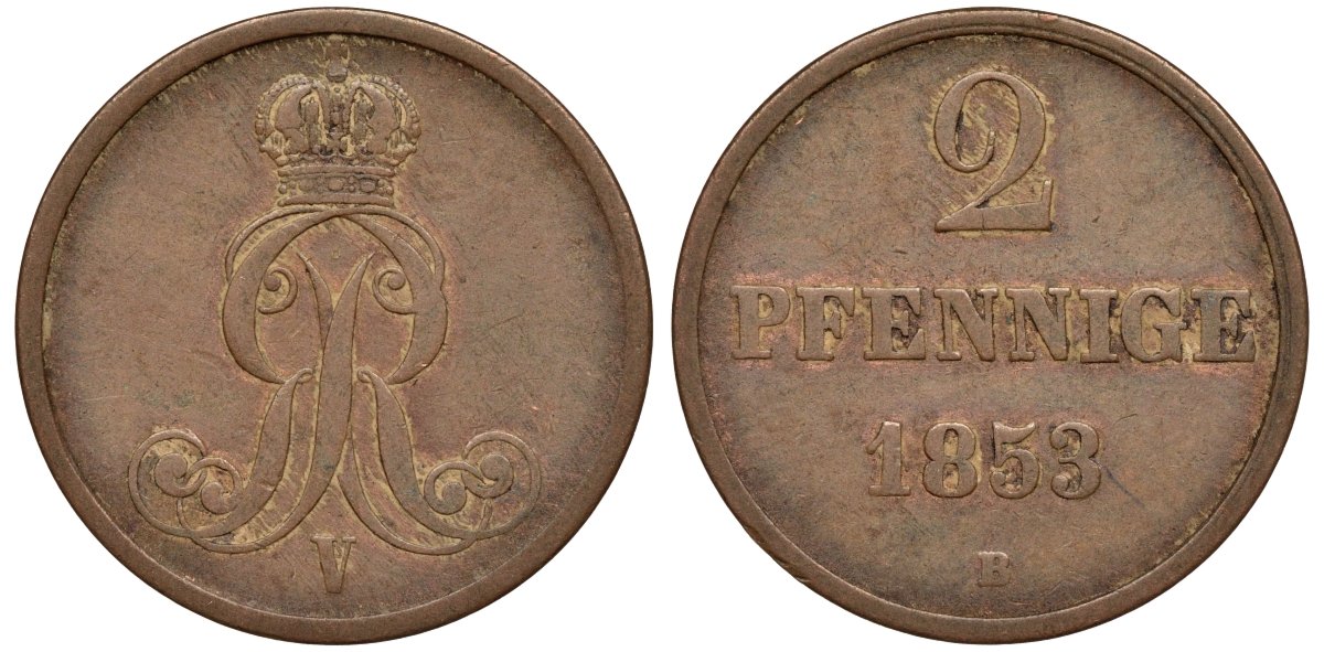Брауншвейг-Каленберг-Ганновер 2 пфеннига 1853 B, Георг V (1851-1866) KM 217,aKS 152, J. 84 медь 4142-135