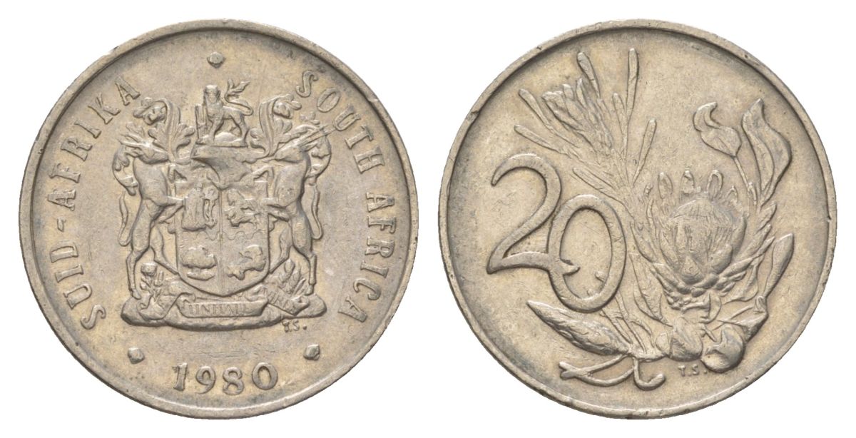 ЮАР 20 центов 1980 герб, цветок протея KM 86 никель 4626-757