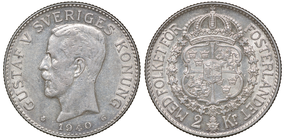 Швеция 2 кроны 1940 G, Густав V (1907-1950) KM 787 серебро 4178-1336