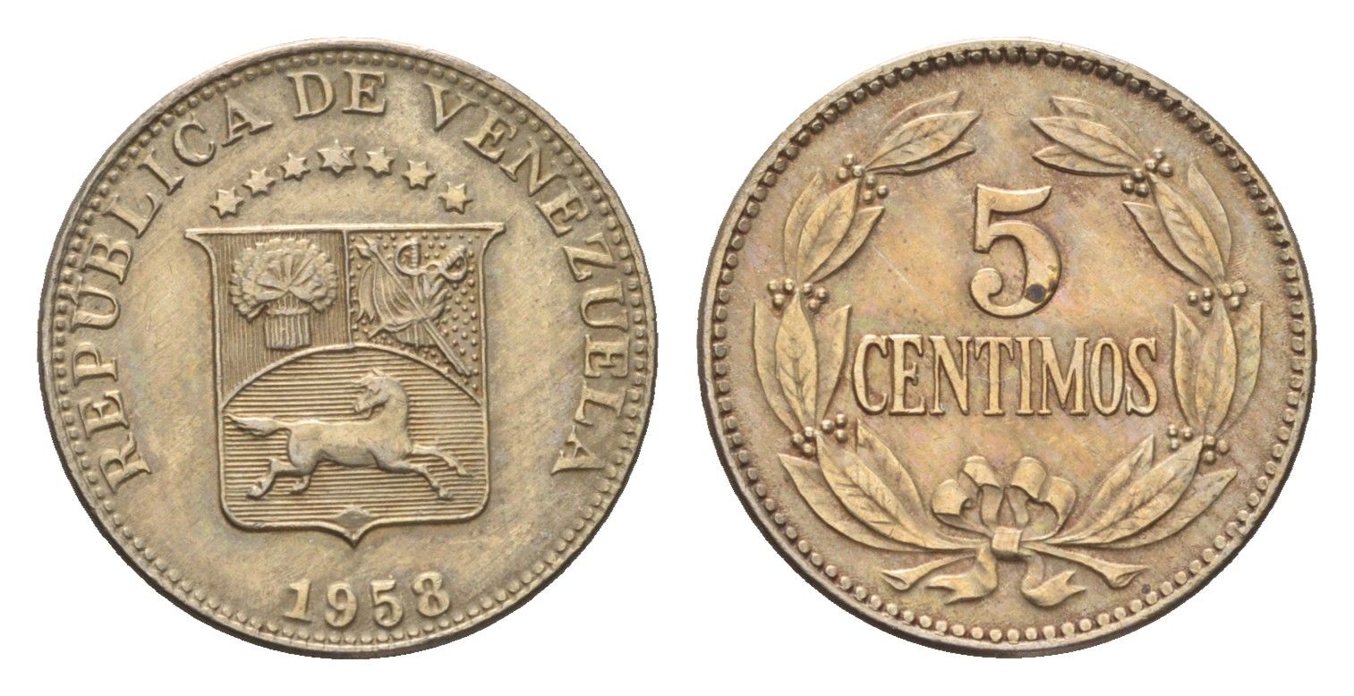 Венесуэла 5 сентимо 1958 год-тип Y 38.1 медно-никель 4668-1019