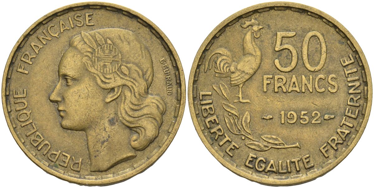 Франция 50 франков 1952 B, петух KM 918.1, Le Franc 425.5 алюминиевая бронза 4607-535