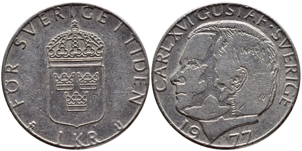 Швеция 1 крона 1977 Карл XVI Густав (1973- ) KM 852 медь плакированная медно-никелем 4397-841