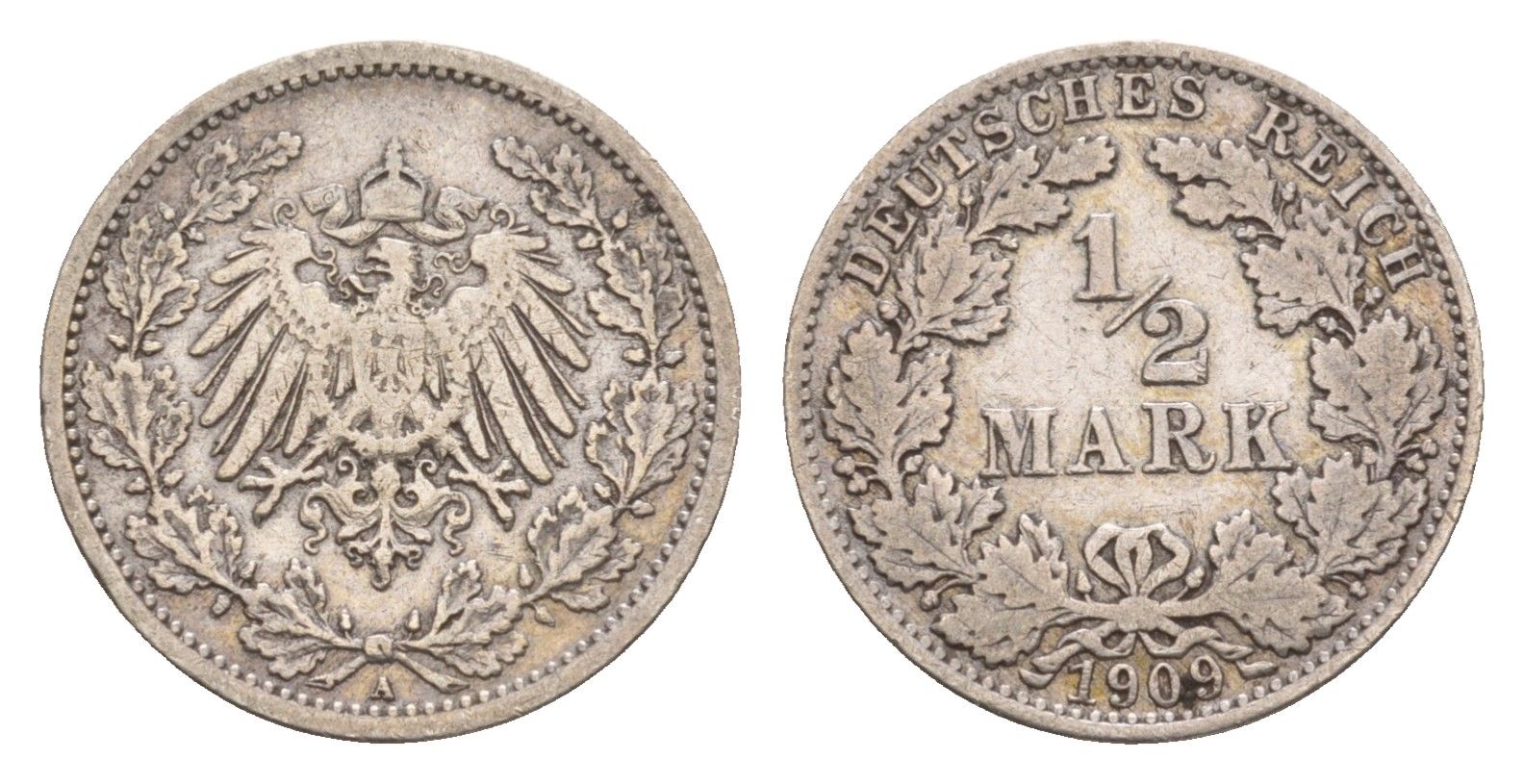 Германия 1/2 марки 1909 A, Вильгельм II (1888-1918) KM 17, J. 16 серебро 4655-261