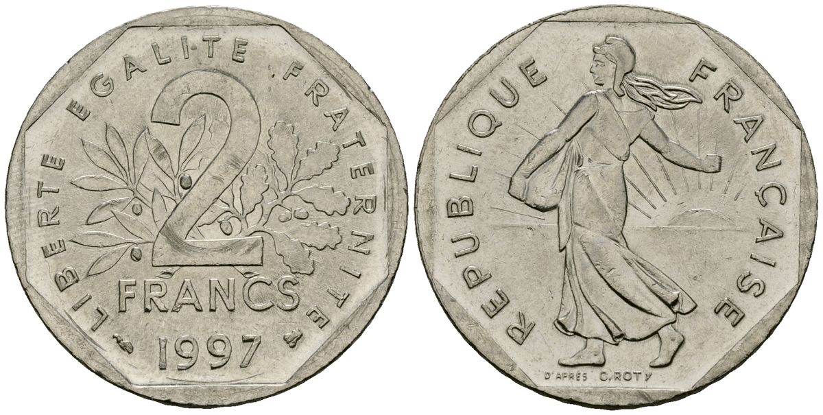 Франция 2 франка 1997 сеятель KM 942.1 никель 4120-426