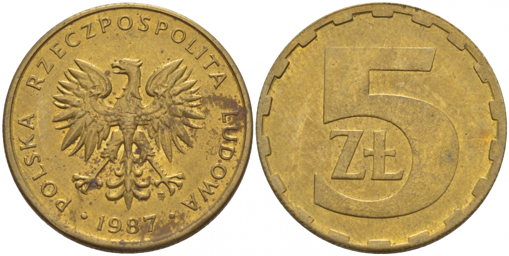 ПОЛЬША 5 ЗЛОТЫХ 1987 MW KM 81.2 латунь 4548-653