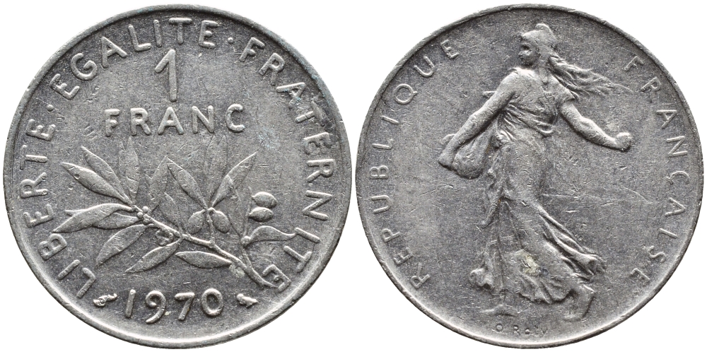 ФРАНЦИЯ 1 ФРАНК 1970 СЕЯТЕЛЬ KM 925.1 никель 4393-215