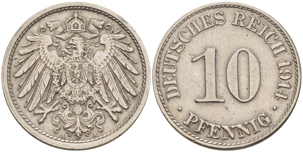 ГЕРМАНИЯ 10 ПФЕННИГОВ 1914 A KM 12, J. 13 медно-никель 31-1153