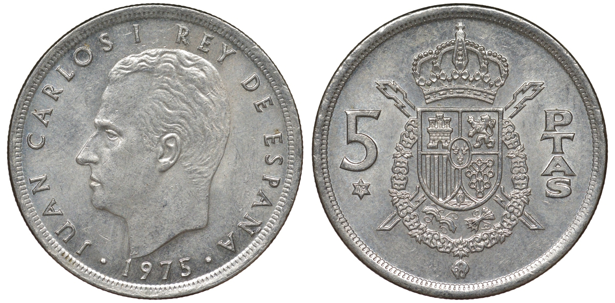 Испания 5 песет 1975 (79) Хуан Карлос I (1975-2014) KM 807 медно-никель 62-1121