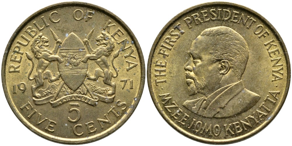 Кения 5 центов 1971 Джомо Кениата KM 10 никель латунь 4529-945