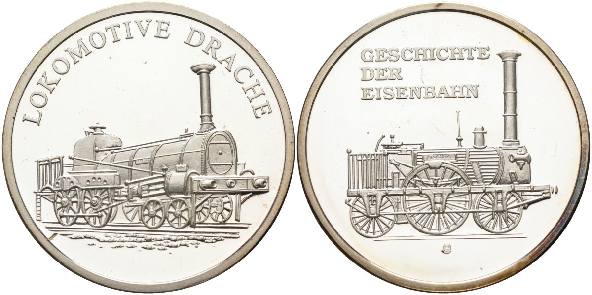 ФРГ медаль ND серия история железной дороги, локомотив "дракон" (lokomotive drache), диаметр 32 мм., серебрение бронза PROOF 1099-2-51