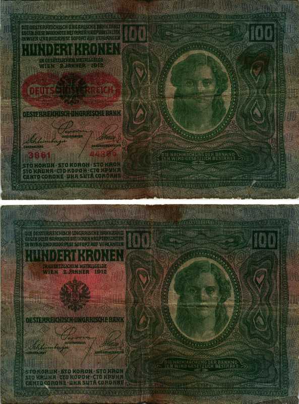 Австрия 100 крон 1912 (1919) красная надпечатка на Pick 12, на аверсе Pick 56 a бумага 7219-32-2