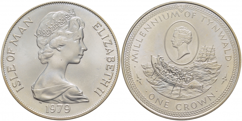 Остров Мэн 1 крона 1979 1000 летие Тинвальду (парламенту), Сэр Уильям Хиллари KM 50a серебро UNC 01-171-41