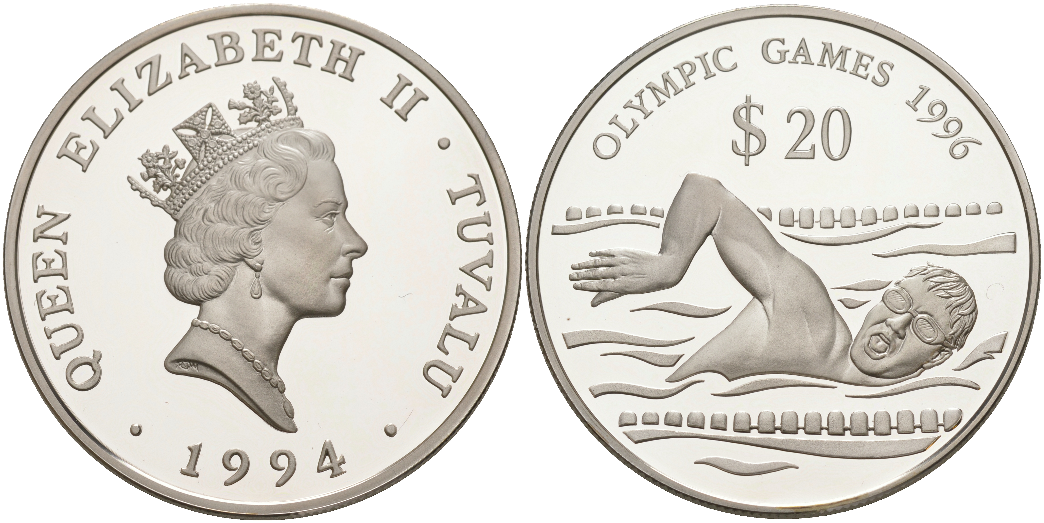 Тувалу 20 долларов 1994 Олимпийские игры 1996 года, плавание KM 24 серебро PROOF 1074-3-42