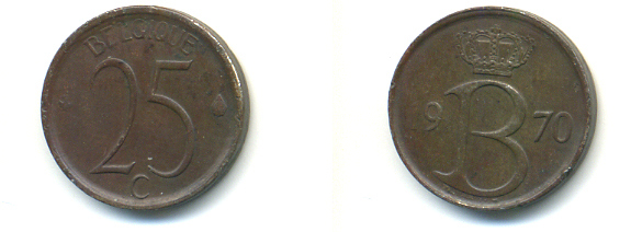 БЕЛЬГИЯ 25 САНТИМОВ 1970 BELGIQUE KM 153.1 медно-никель 86-1251