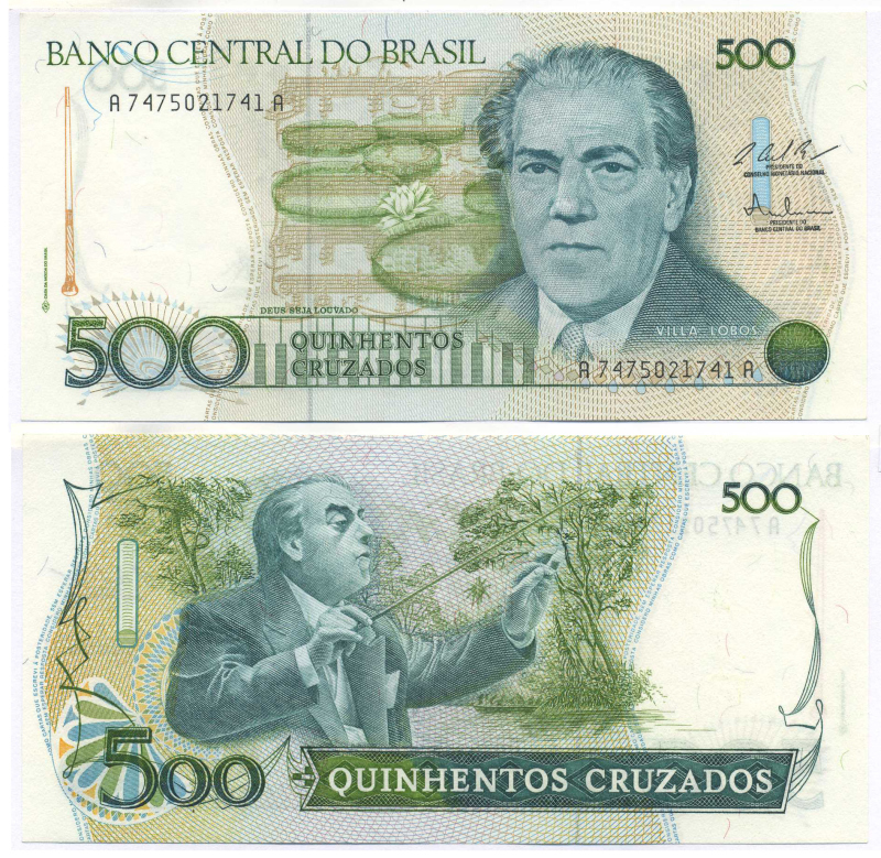 Бразилия 500 крузадо ND (1986-1988) серия A 7475, 100 лет со дня рождения Эйтор Вилла-Лобос Pick 212 с бумага UNC (пресс) 7148-4-1-1