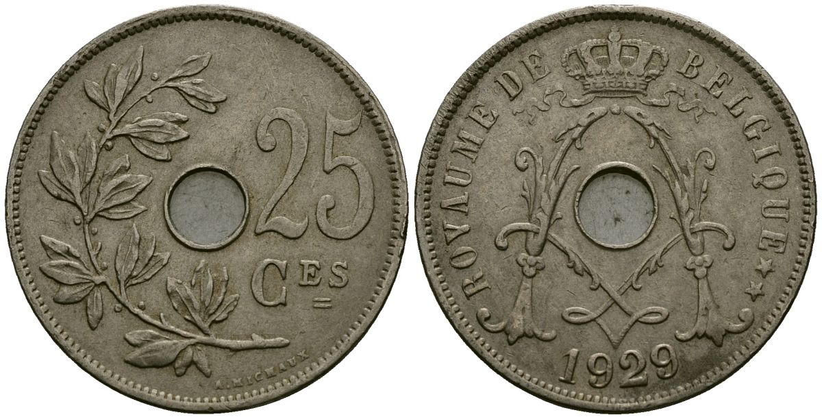 Бельгия 25 сантимов 1929 Belgique KM 68 медно-никель 4165-613