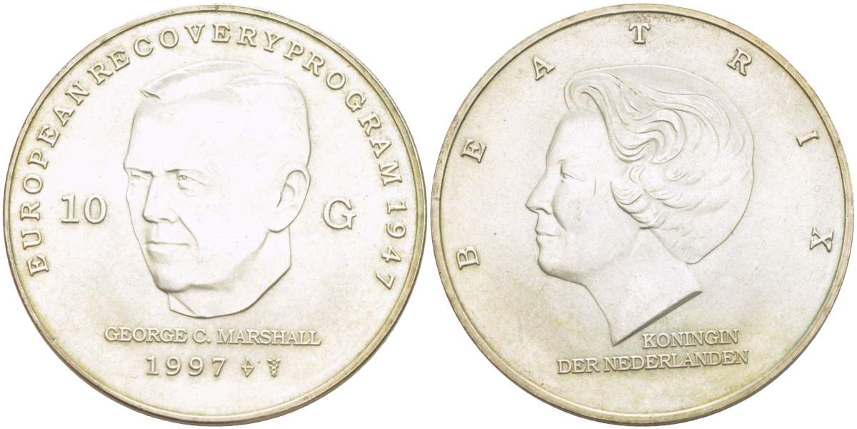 Нидерланды 10 гульденов 1997 Беатрикс (1980-2013), Джордж Маршалл KM 224 серебро UNC 4517-1116