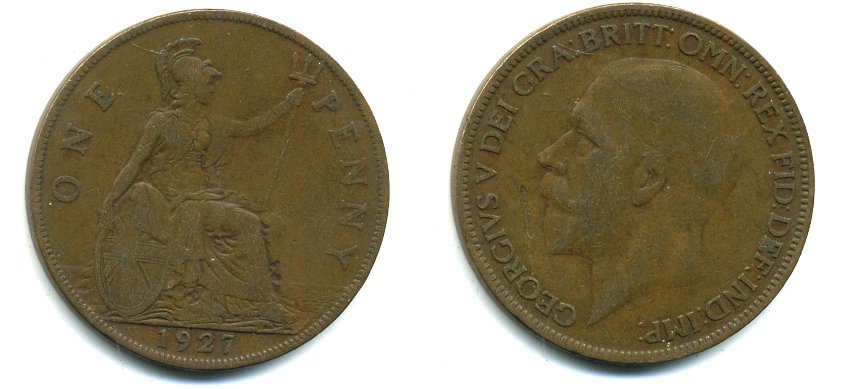 Великобритания 1 пенни 1927 Георг V (1910-1936) КМ 826, Spink 4054 бронза 41-933