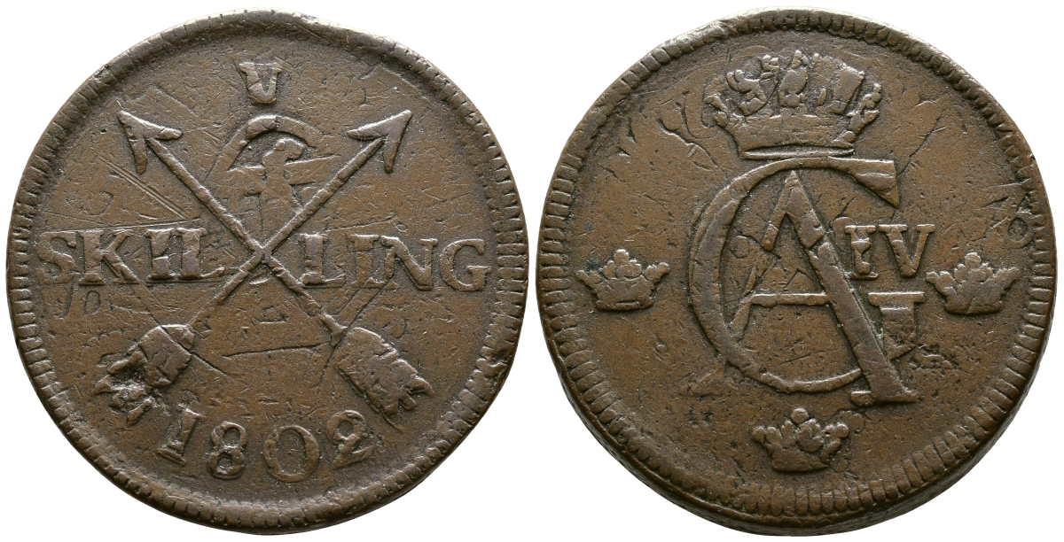 ШВЕЦИЯ 1 СКИЛЛИНГ 1802 перечекан из 2 эре, диаметр 34 мм, вес 28,3 гр KM 566 медь 4179-411