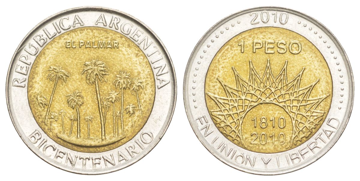 Аргентина 1 песо 2010 200 лет Аргентине - парк Эль-Палмар KM 156 биметалл UNC 4629-654