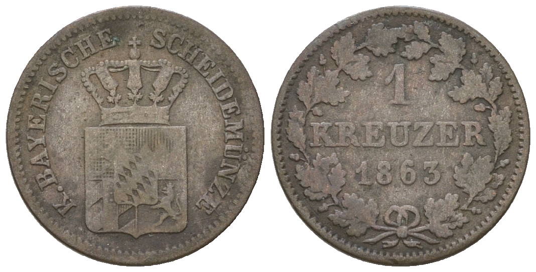 Бавария 1 крейцер 1863 Максимилиан II (1848-1864) KM 473 серебро 4679-953