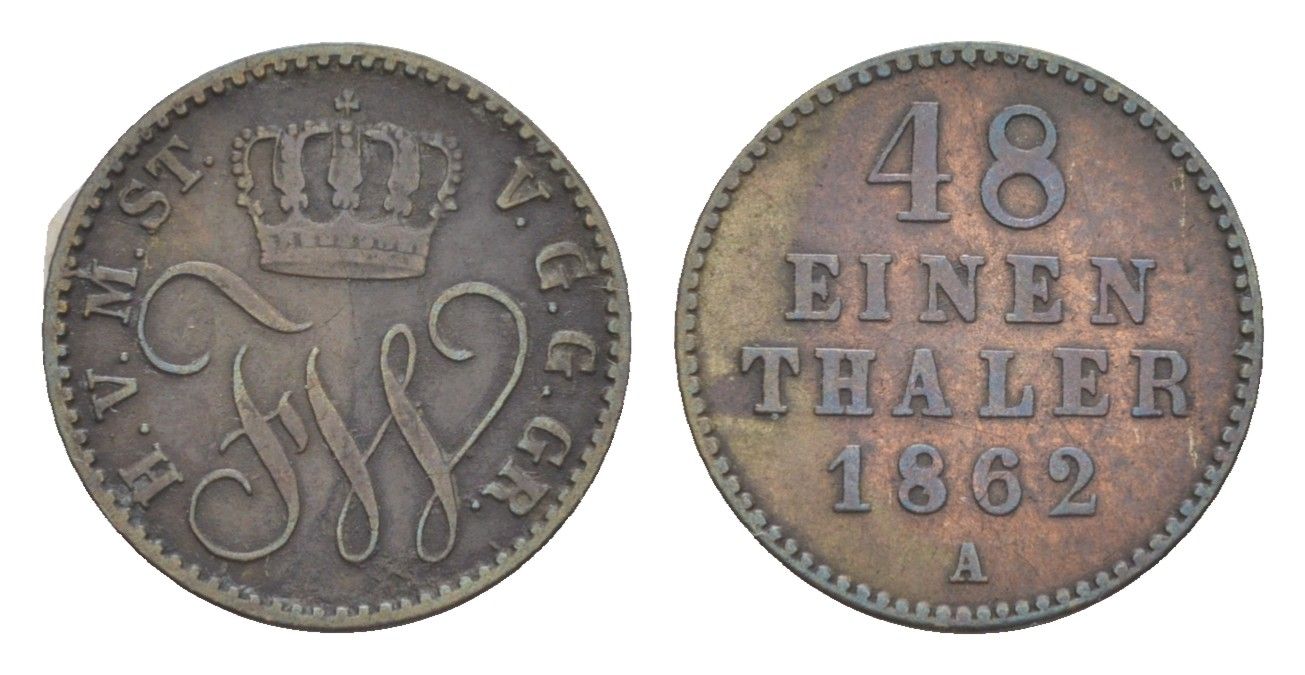 Мекленбург-Шверин 1/48 реала 1862 A, Фридрих Франц II (1842-1883), крайне редкий год KM 311 серебро 413-645