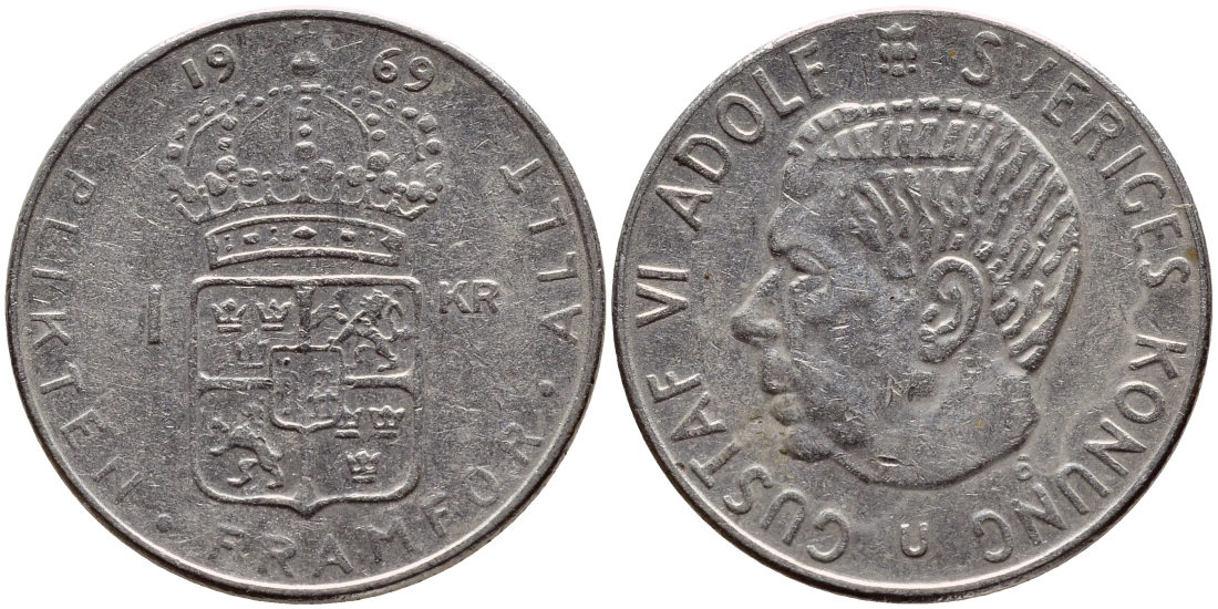 Швеция 1 крона 1969 Густав VI Адольф (1950-1973) KM 826a медь плакированная медно-никелем 63-1353