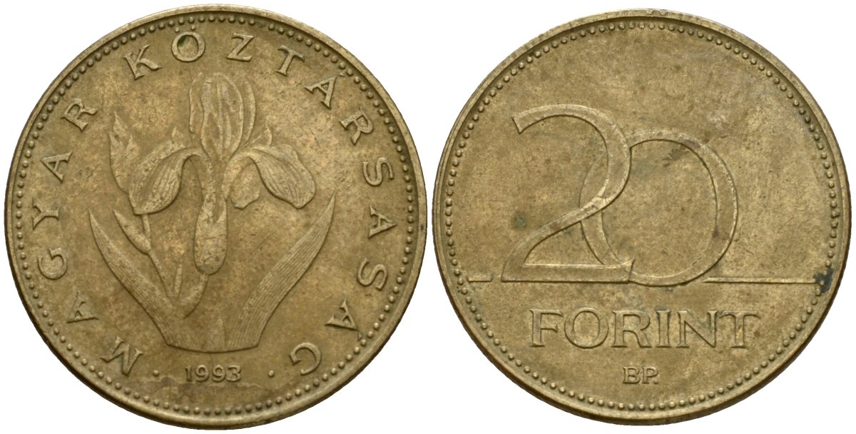 Венгрия 20 форинтов 1993 венгерский ирис KM 696 никель латунь 4599-423