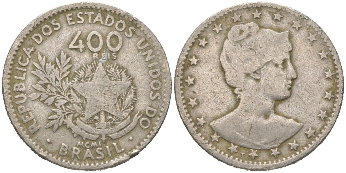 Бразилия 400 реалов 1901 MCMI, голова свободы вправо KM 505 медно-никель 4612-456