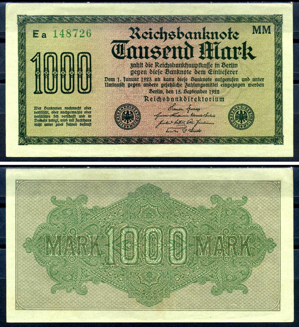 Германия 1000 марок 1922 выпуск 15 сентября 1922, водяной знак K, зеленая бумага, серия MM, буква Ea Pick 76 h (1) бумага aUNC 6279-42-1-1