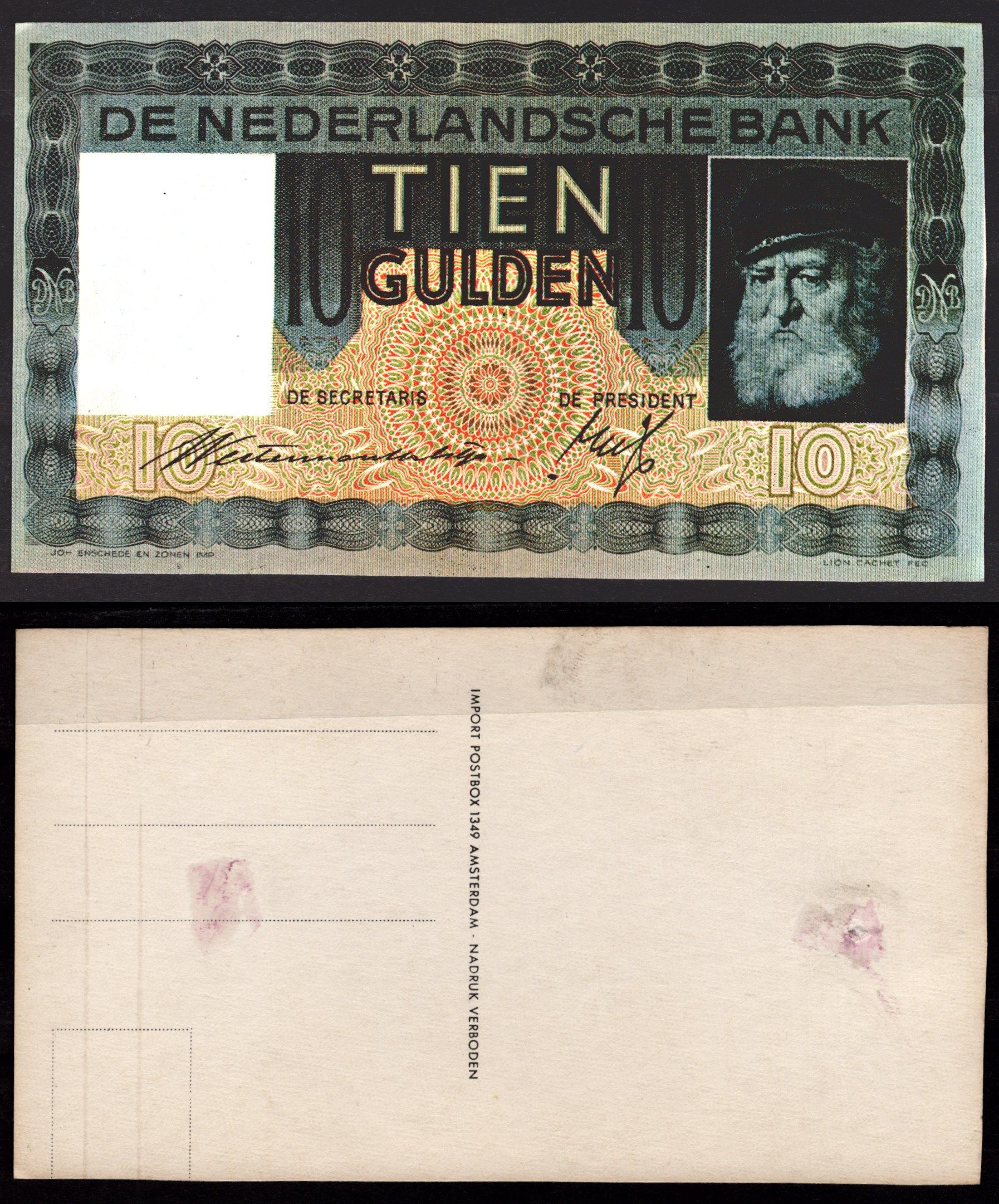 Нидерланды 10 гульденов ND (1933-1939) открытка тип Pick 49 картон 8708-8