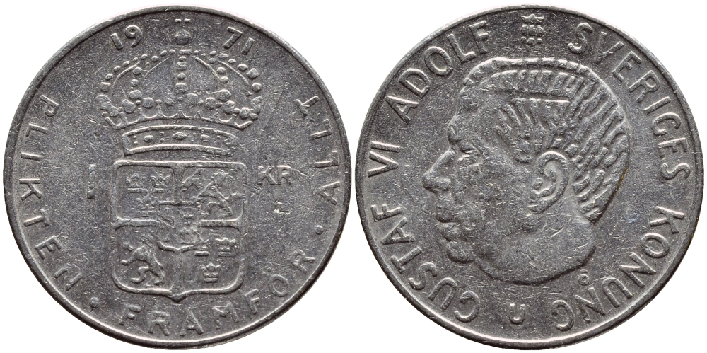 Швеция 1 крона 1971 Густав VI Адольф (1950-1973) KM 826a медь плакированная медно-никелем 4388-1256