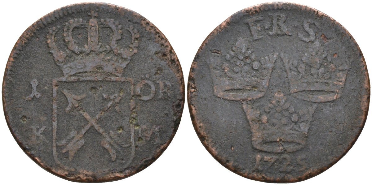 Швеция 1 эре 1725 FRS, Фредерик I (1720-1751) KM 383.1 медь 4586-514