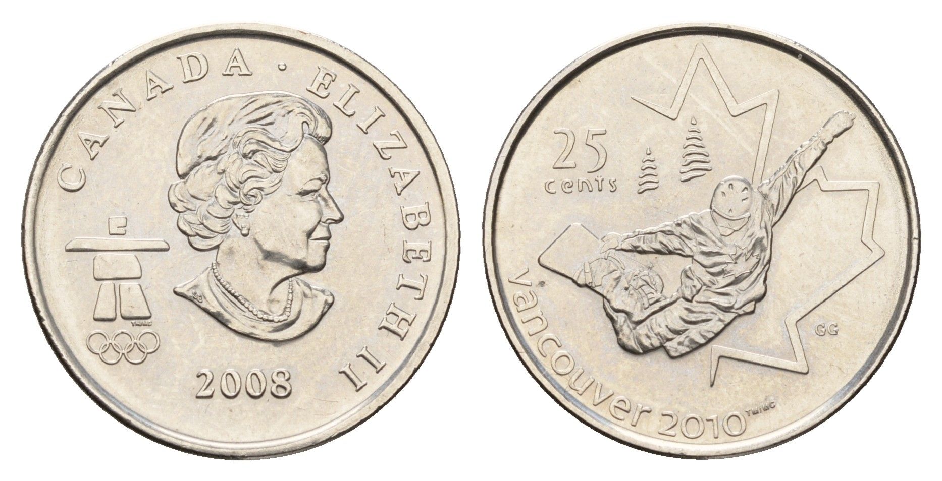 Канада 25 центов 2008 XXI зимние Олимпийские Игры, Ванкувер 2010 - Сноуборд KM 768 сталь плакированная никелем UNC 110-232