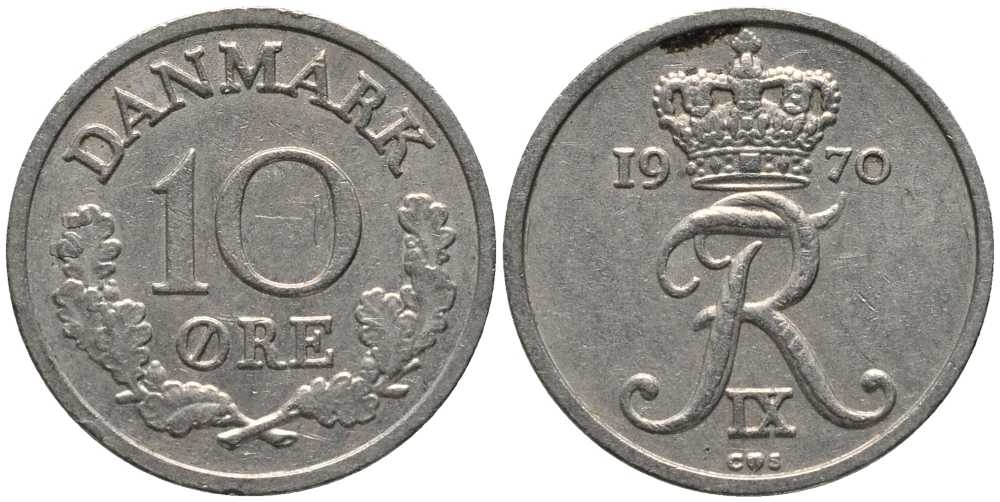 ДАНИЯ 10 ЭРЕ 1970 C; S, ФРЕДЕРИК IX (1947-1972) KM 841.3 медно-никель 116-227