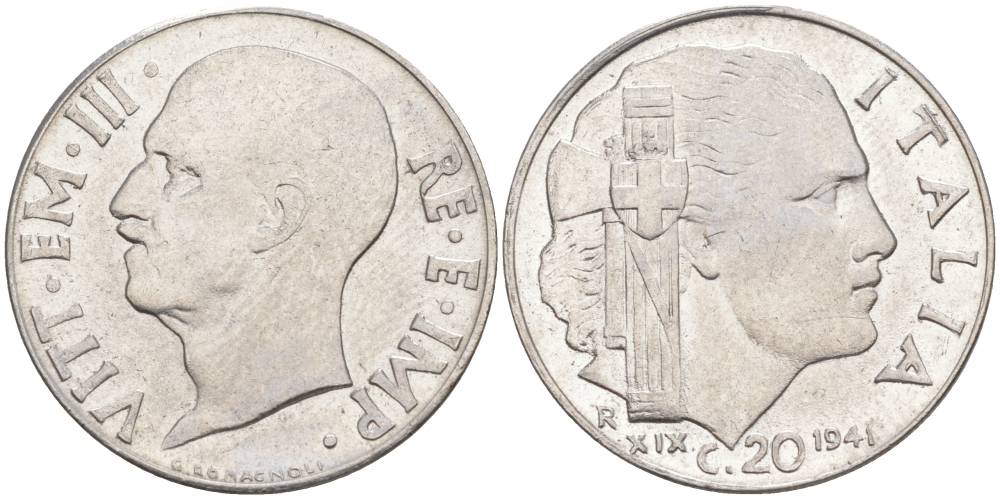 ИТАЛИЯ 20 ЧЕНТЕЗИМО 1941 R, ГОД XIX, ВИКТОР ЭММАНУИЛ III (1900-1946) KM 75b, VEM3. 1028 нержавеющая сталь 3853-1015