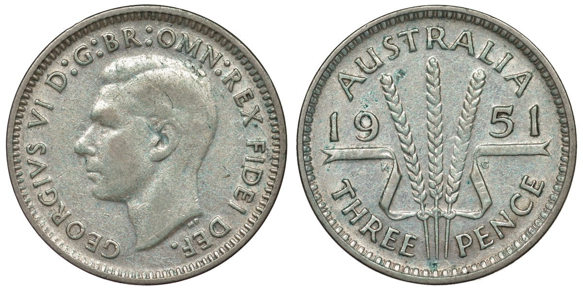 Австралия 3 пенса 1951 m, Георг VI (1937-1952), без букв KM 44 серебро 71-354