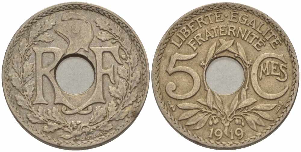 Франция 5 сантимов 1919 тип Линдайё KM 865, Le Franc 121.3 медно-никель 28-342