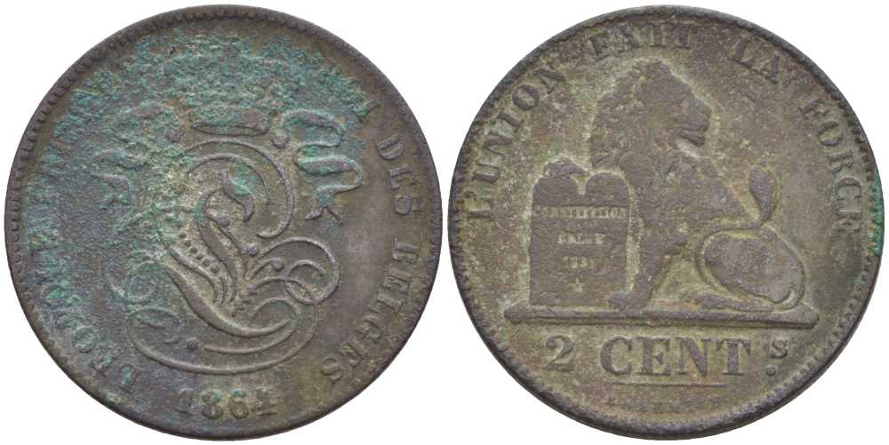 БЕЛЬГИЯ 2 САНТИМА 1864 BELGES KM 4.2 бронза 4390-1234